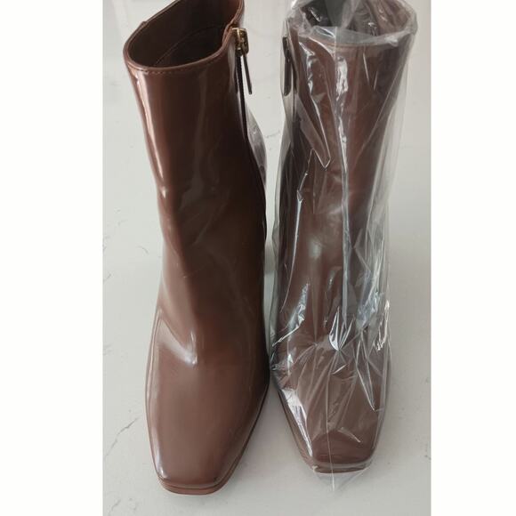 Cognac chunky block heel boots  size 10 square toe zip closure J Lo glam regency - Picture 5 of 10